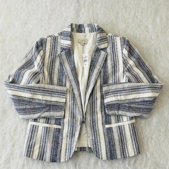 NWT Loft Outlet Womens Blue& White Striped Long Sleeve Pant Suit Blazer Size 4 - Picture 1 of 8